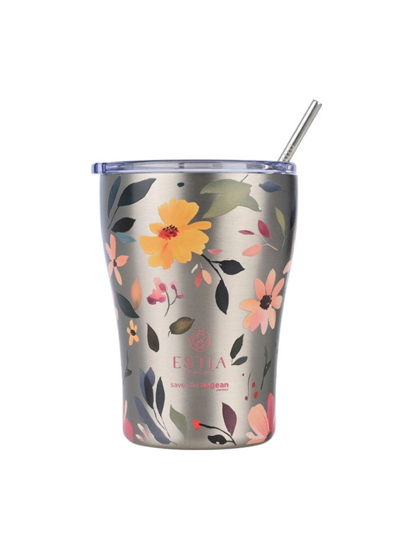 Estia Coffee Mug Save The Aegean Θερμός Ανοξείδωτο BPA Free 350ml Silver Botanic με Καλαμάκι 01-31787