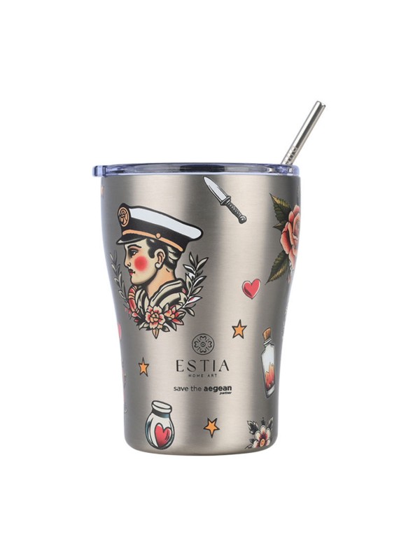 Estia Coffee Mug Save The Aegean Ανακυκλώσιμο Ποτήρι Θερμός Ανοξείδωτο BPA Free 350ml old School με Καλαμάκι